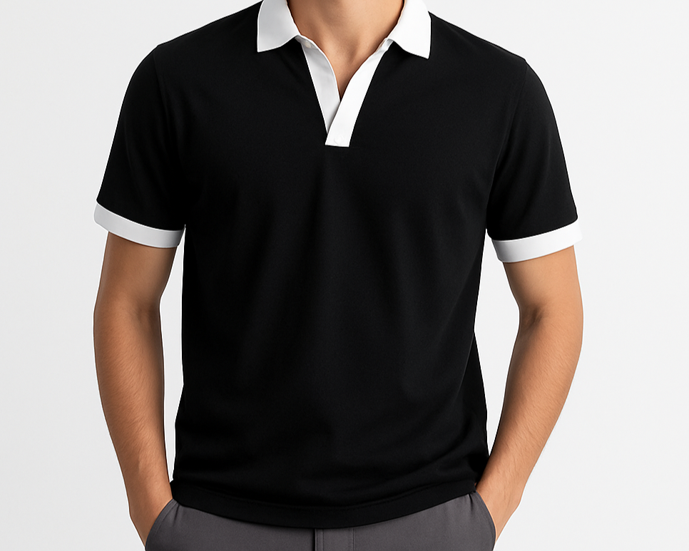 Man wearing a black polo shirt with white collar and cuffs on a light gray background