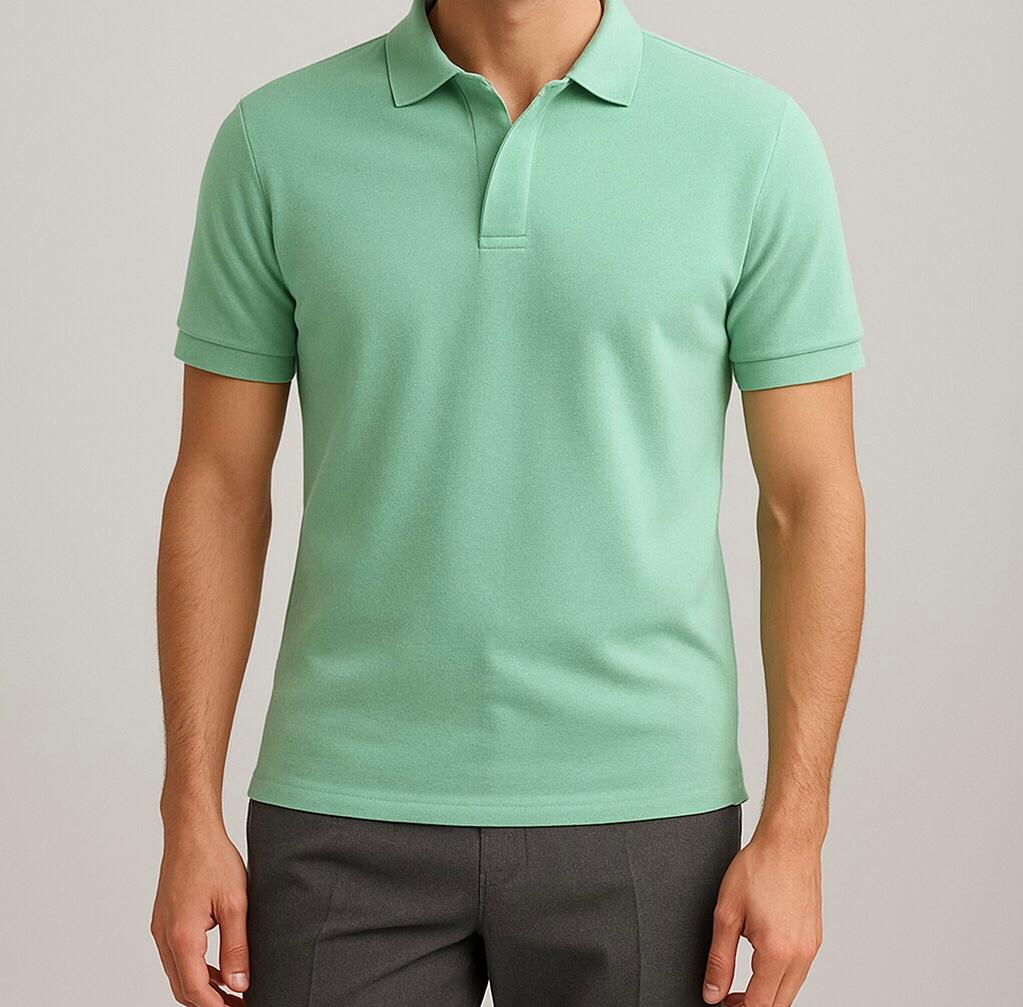 Person wearing a light green polo shirt against a neutral background